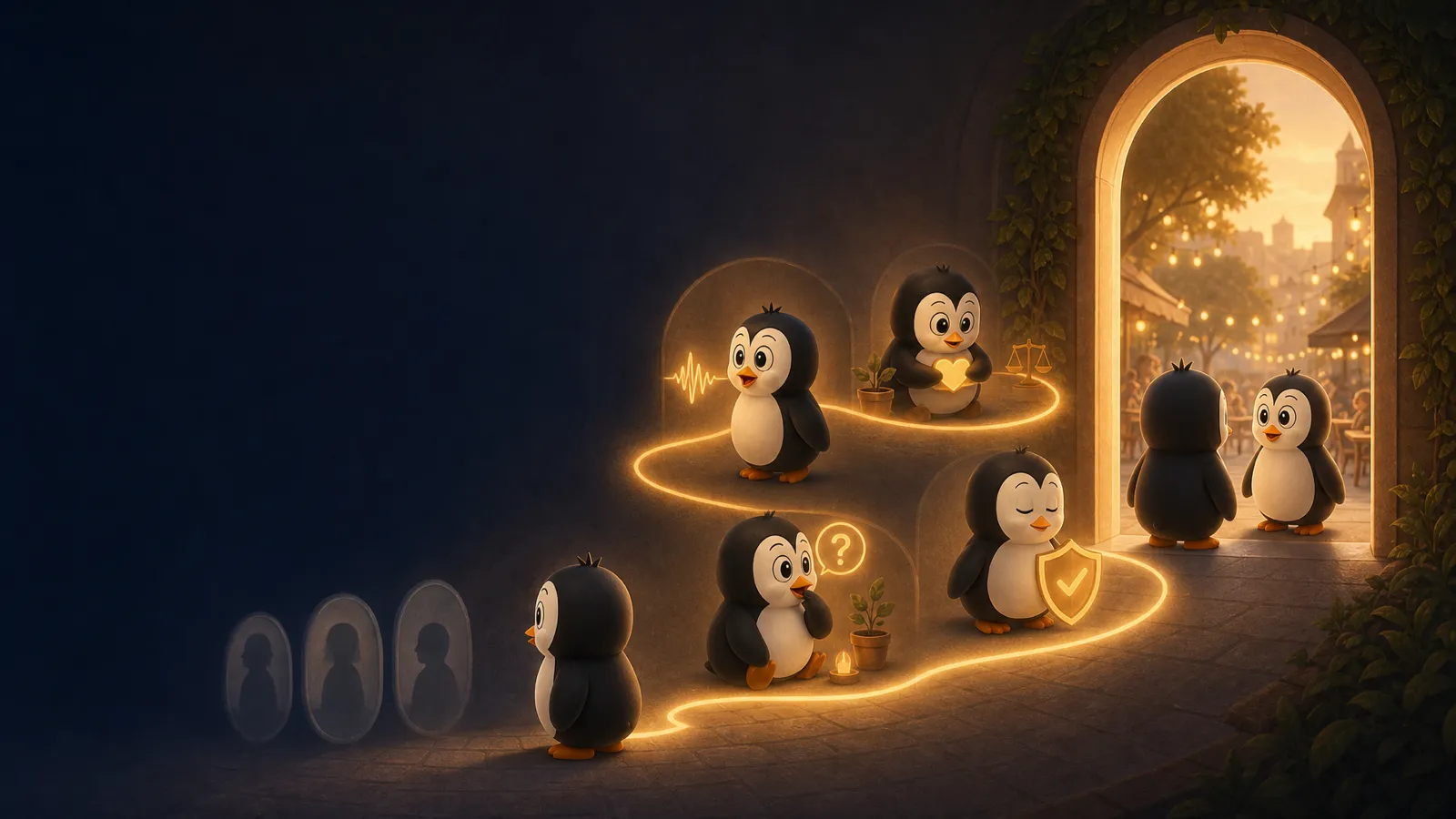 Odasiti penguins follow a glowing path through curiosity, connection, balance and trust toward a sunlit meeting place beyond an archway.